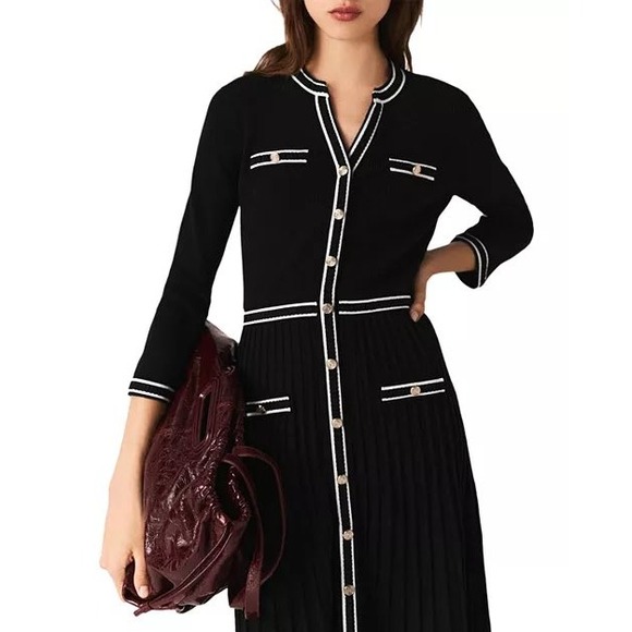 Maje Dresses & Skirts - Maje Knit Midi Dress Contrast Trim Pleated Skirt Black White Office Classic $480